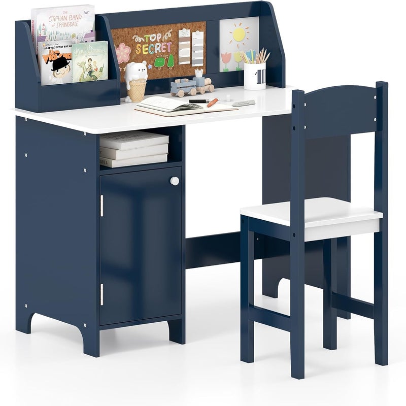 Biurko dla Dzieci z Krzesłem, Biurko do Nauki z Tablicą Suchościeralną i Markerem, Półka, Szafka, dla Dzieci Powyżej 3 Lat z Miejscem (Niebieskie)