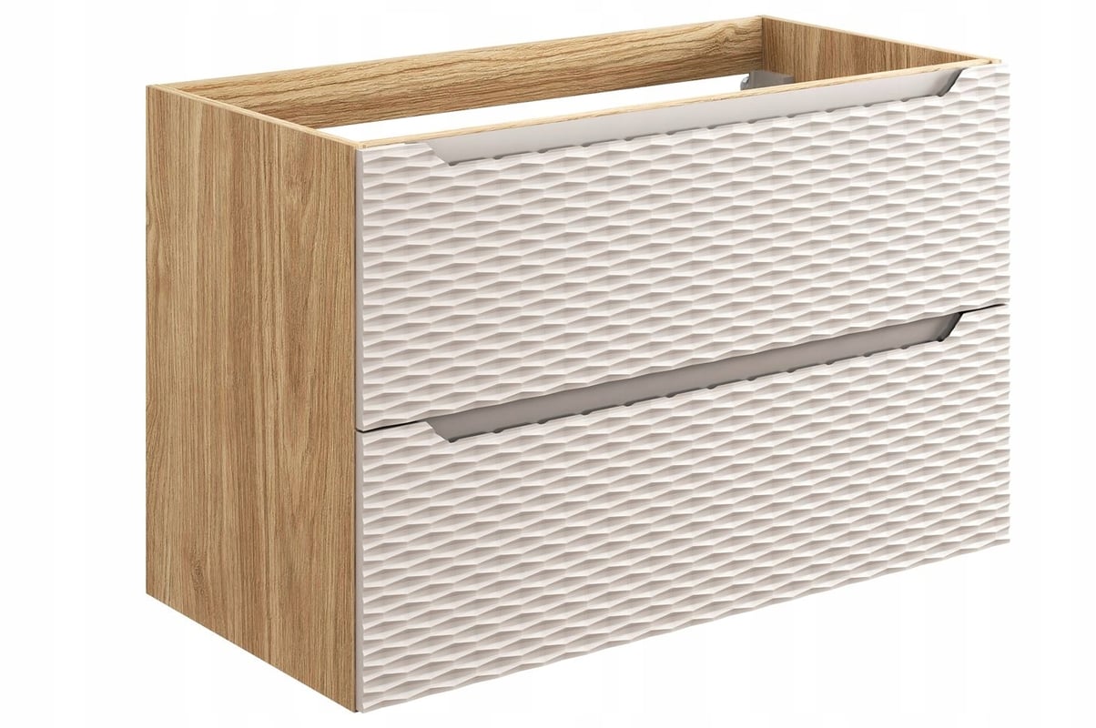 Szafka łazienkowa OCEAN 90 cm beżowa dąb olejowany front 3D MDF wisząca 2 szuflady