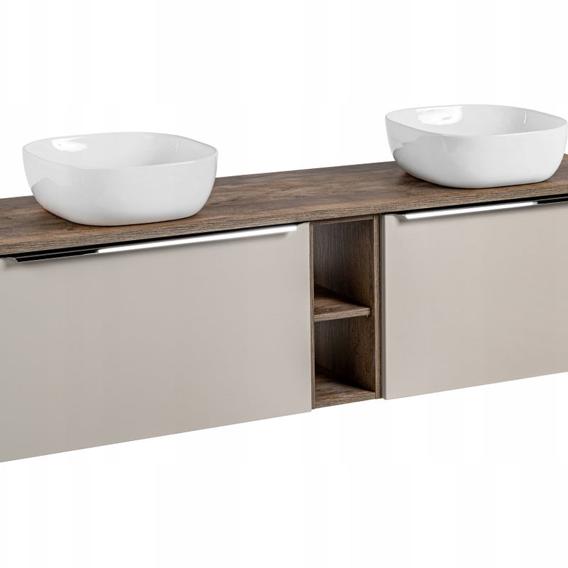 Szafka łazienkowa SANTA FE 180 cm taupe z blatem dąb Santa Fe i umywalkami