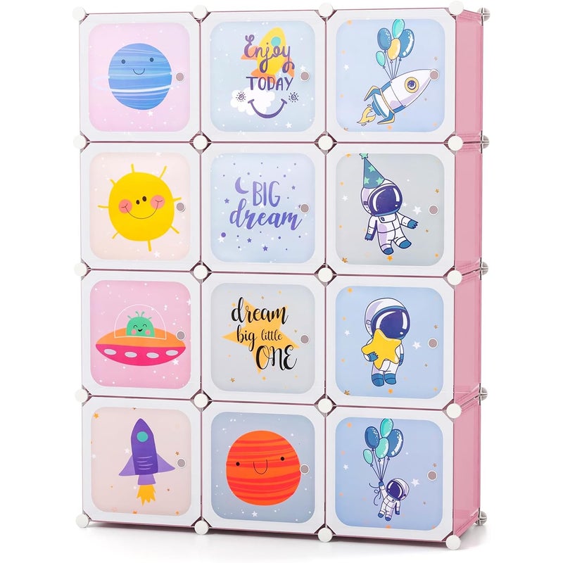 Szafka Dziecięca z 12 Przegrodami, Modułowa Szafka Dziecięca z Drzwiami i Drążkiem na Ubrania, 107 x 36 x 142 cm (Różowa)