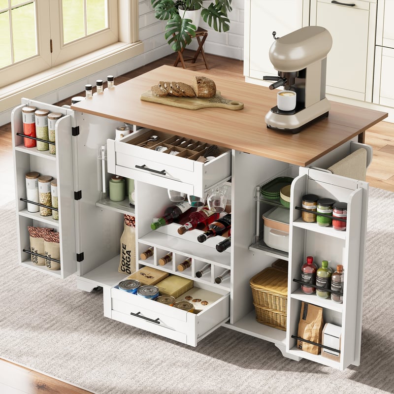 Mobilna wyspa kuchenna z 2 drzwiami, 2 szufladami i regałem na wino - 120 x 45/70 x 92 cm - Rozkładany blat - Biały + naturalny