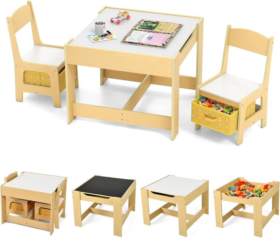 Stolik dla Dzieci z 2 Krzesełkami, 3 w 1 Mały Stolik do Rysowania, Dwustronny z Tablicą, 2 Pojemniki do Przechowywania (Żółty)