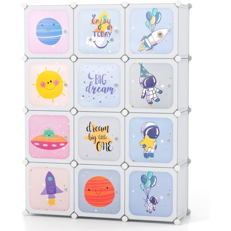 Szafka Dziecięca z 12 Przegrodami, Modułowa Szafka Dziecięca z Drzwiami i Drążkiem na Ubrania, 107 x 36 x 142 cm (Biała-Przestrzeń)