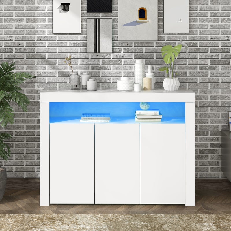 Komoda niska z 3 drzwiami i 1 przegrodą - 130 x 35 x 95 cm - Płyta wiórowa - Diody LED - Kolor biały