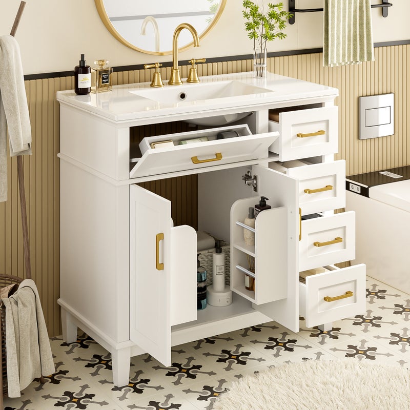 Szafka łazienkowa pod umywalkę, niska, z umywalką ceramiczną, 3 drzwi i 4 szuflady, 90 x 46 x 87 cm, płyta MDF, kolor biały