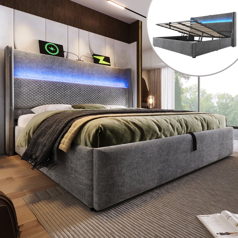 Łóżko tapicerowane 140x200cm, łóżko dwuosobowe z oświetleniem LED, schowkiem i portami USB/Type-C, len, kolor szary, bez materaca