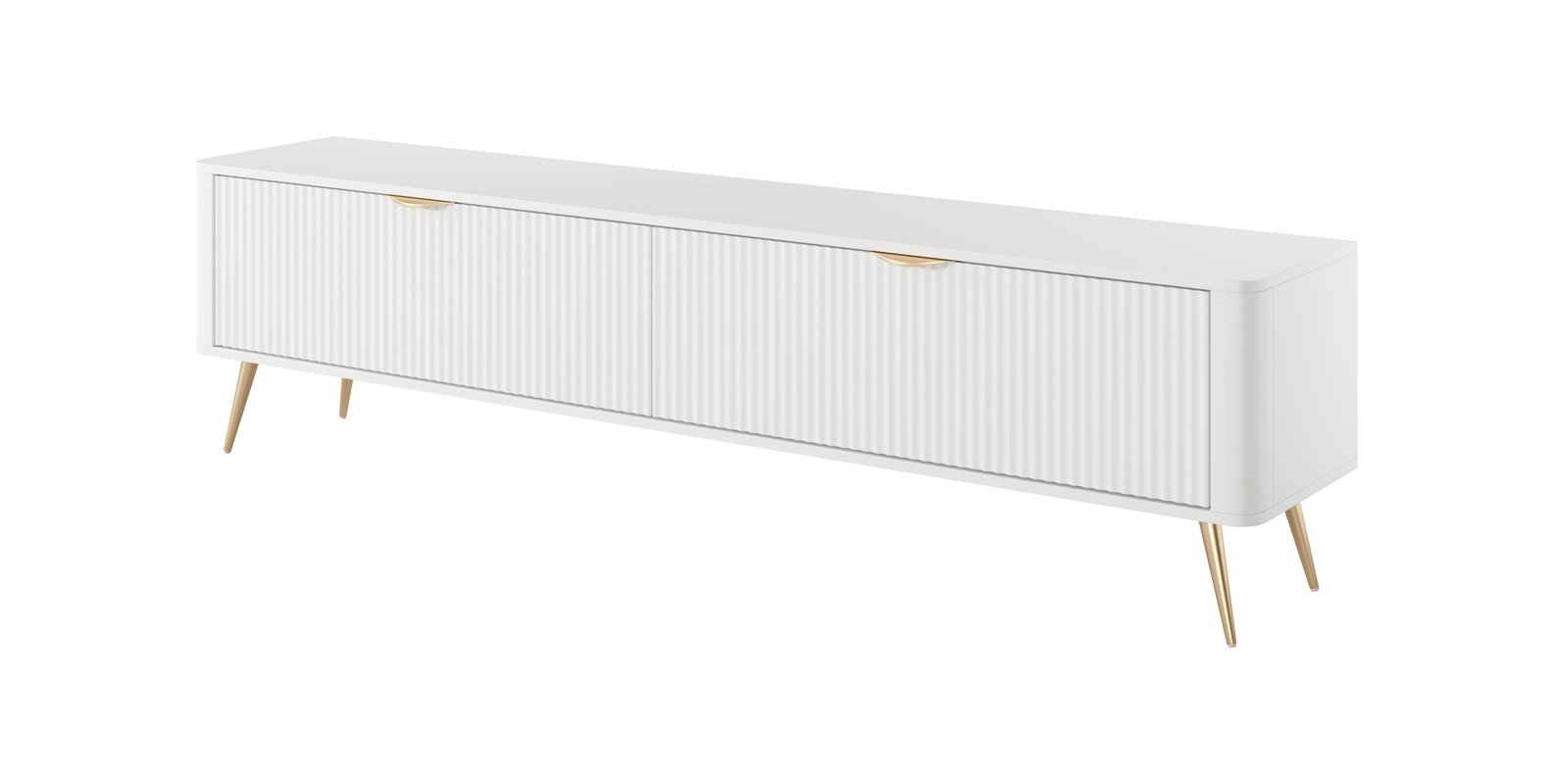 Szafka RTV LANTE 200 cm w kolorze białym - ryflowane fronty, złote detale