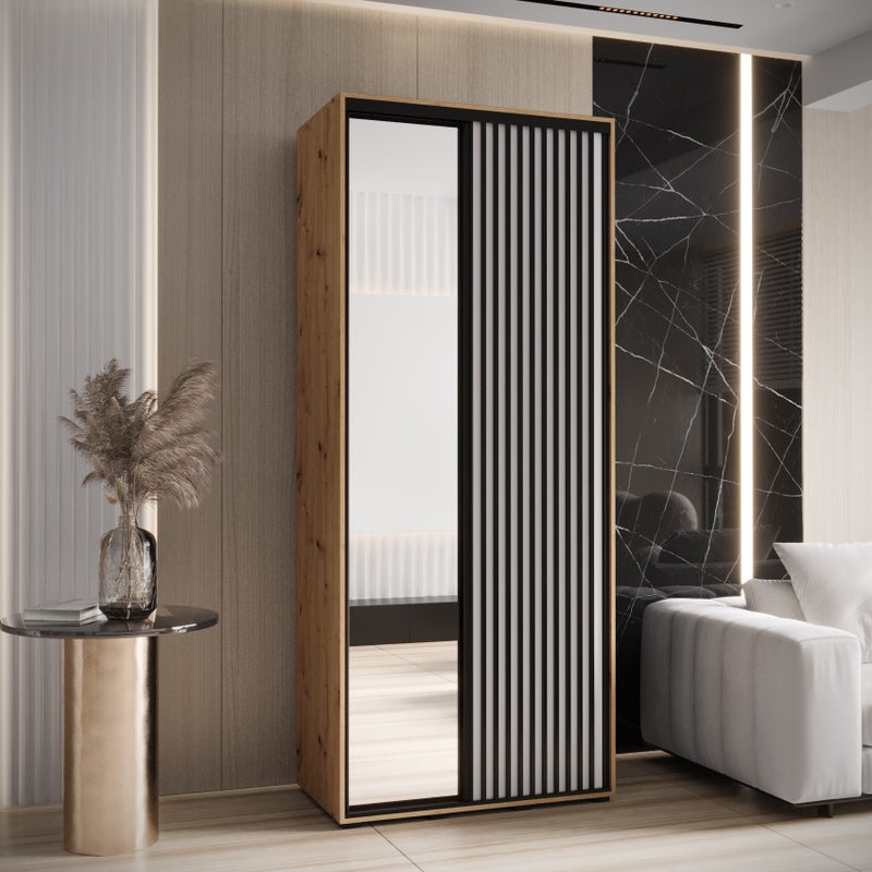 Szafa przesuwna z lustrem wysoka Lanko 2 100 x 45 x 235,2 cm artisan + biały + lamele czarny - Abiks Meble