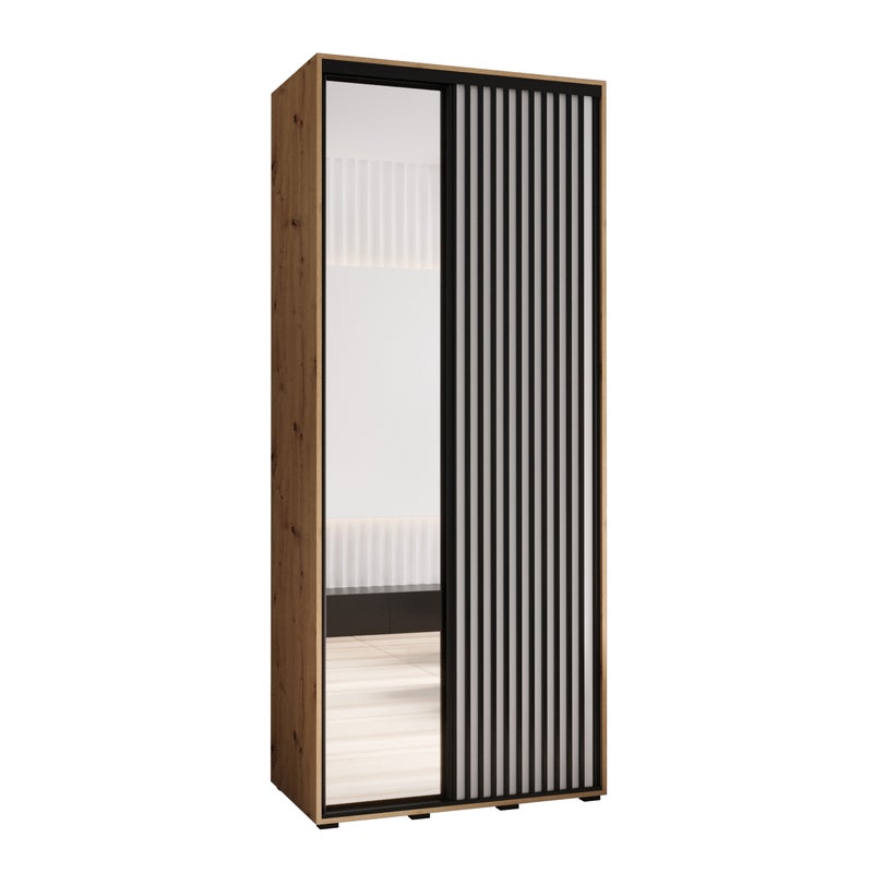 Szafa przesuwna z lustrem wysoka Lanko 2 120 x 60 x 235,2 cm artisan + biały + lamele czarny - Abiks Meble