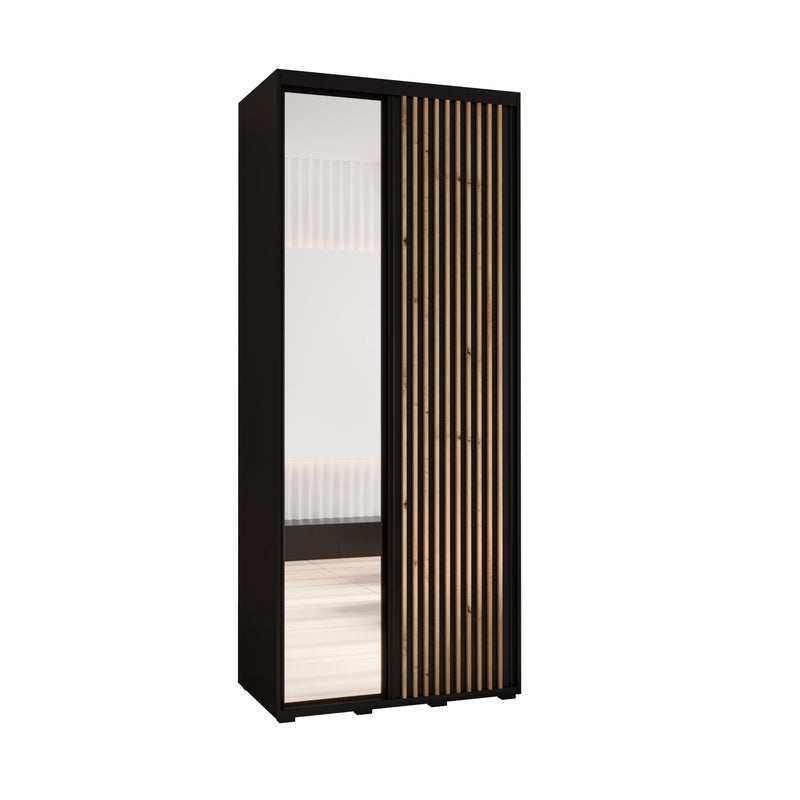 Szafa przesuwna z lustrem wysoka Lanko 2 110 x 60 x 235,2 cm czarny + czarny + lamele artisan - Abiks Meble