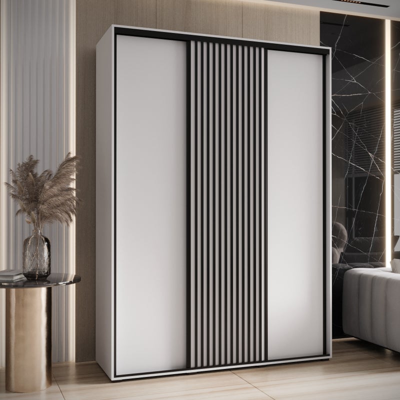 Szafa przesuwna wysoka Lanko 1 180 x 45 x 235,2 cm biały + biały + lamele czarny - Abiks Meble