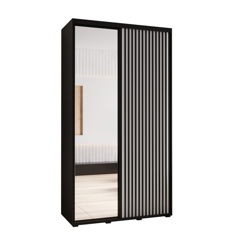 Szafa przesuwna z lustrem wysoka Lanko 2 130 x 45 x 235,2 cm czarny + biały + lamele czarny - Abiks Meble