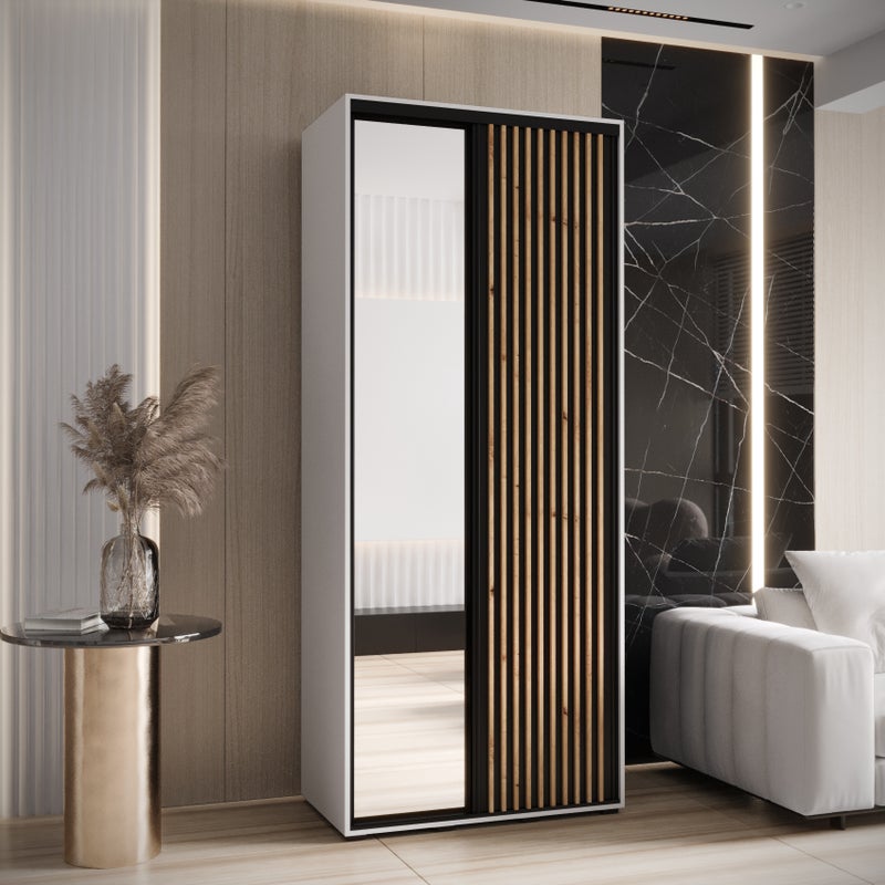 Szafa przesuwna z lustrem wysoka Lanko 2 110 x 60 x 235,2 cm biały + czarny + lamele artisan - Abiks Meble