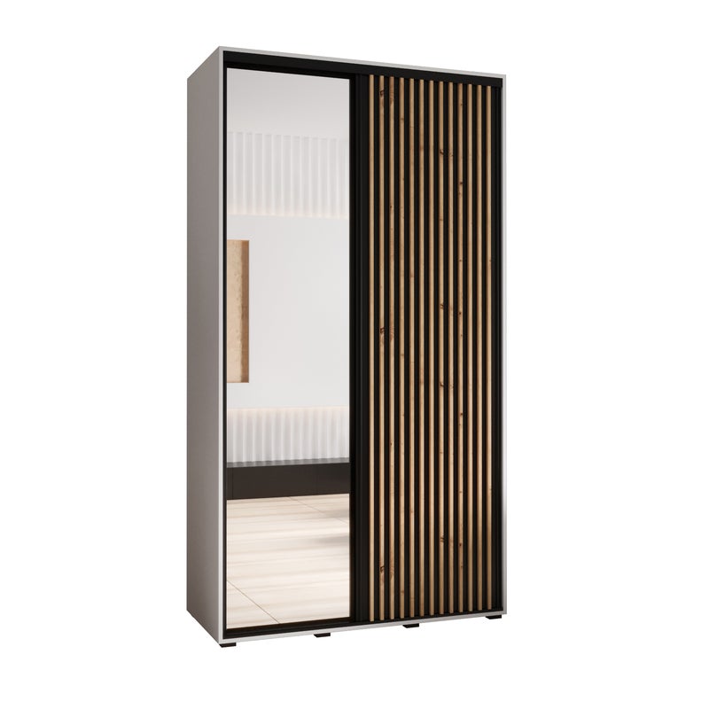 Szafa przesuwna z lustrem wysoka Lanko 2 140 x 45 x 235,2 cm biały + czarny + lamele artisan - Abiks Meble