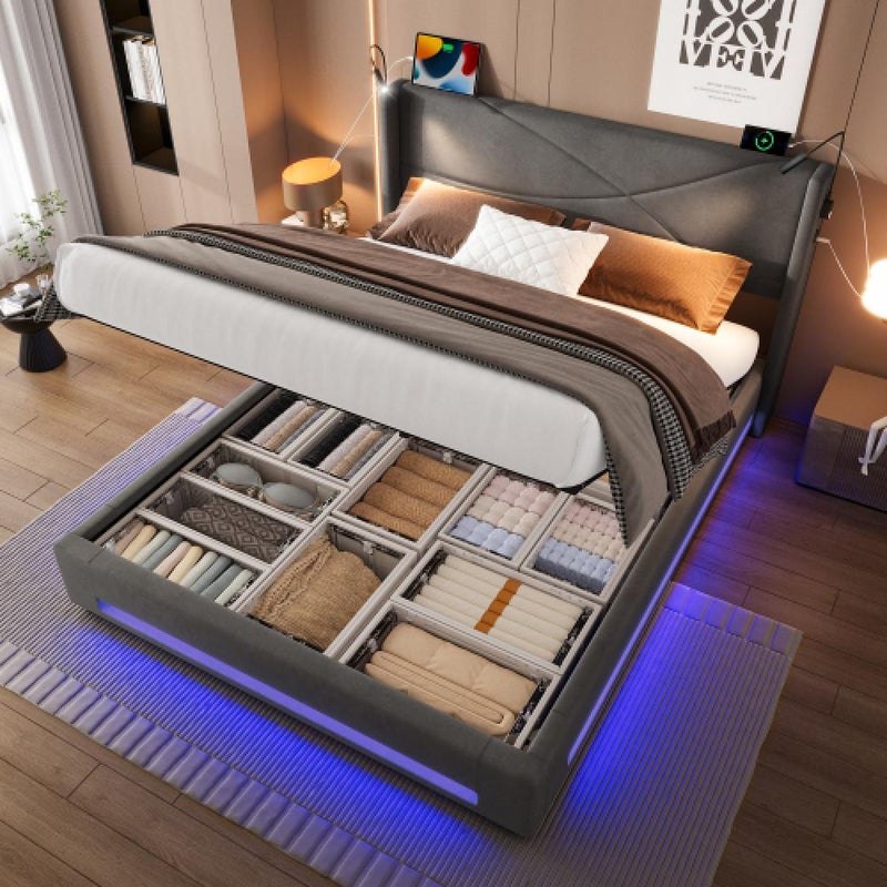 Nowoczesne łóżko 140x200 z oświetleniem LED, lampkami do czytania, portami USB i schowkiem hydraulicznym