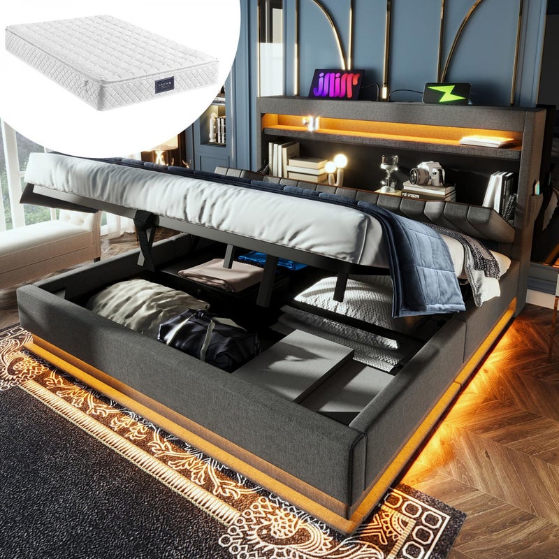 Łóżko tapicerowane 160x200cm z oświetleniem LED, zagłówkiem USB/Type-C, hydraulicznym schowkiem i materacem w zestawie