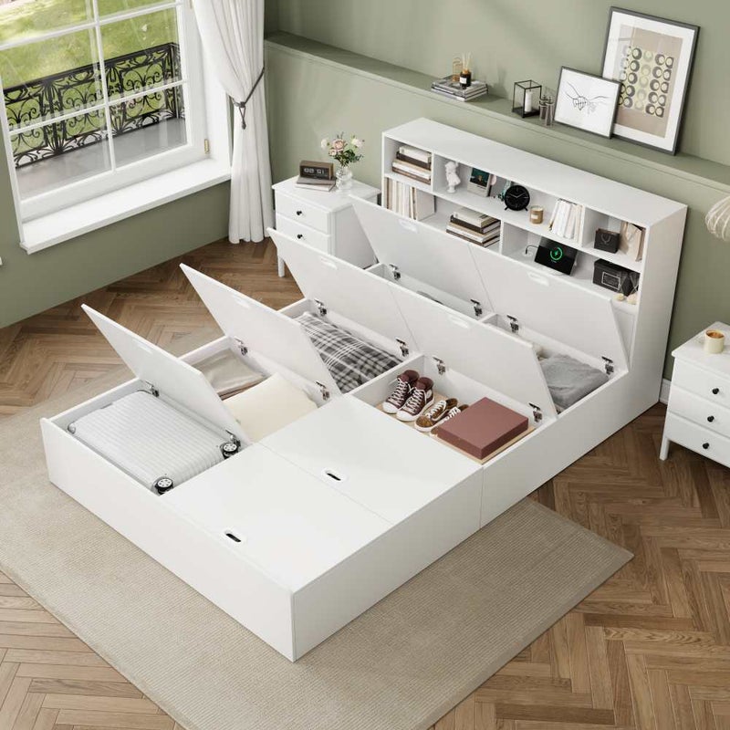 Białe łóżko z litego drewna, 140x200 cm, z USB i 8 przegródkami, nowoczesne, wielofunkcyjne łóżko podwójne