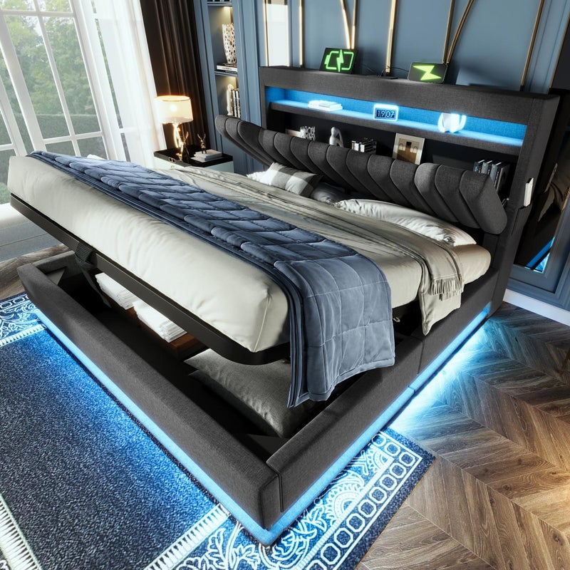 Łóżko tapicerowane 180x200cm z oświetleniem LED, zagłówkiem z wejściem USB/Typ-C i wygodną, wbudowaną przestrzenią do przechowywania