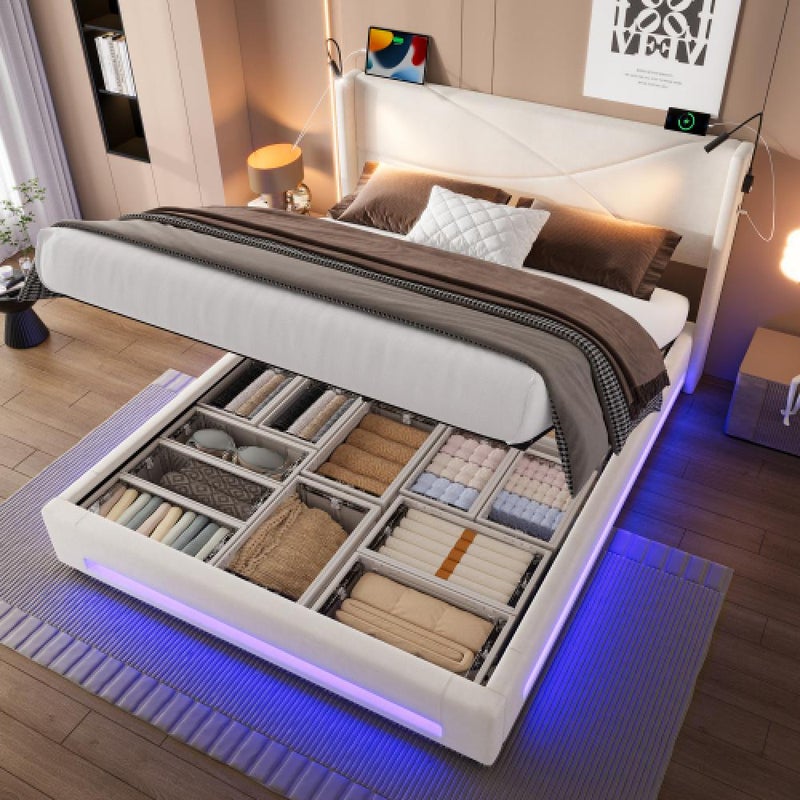 Nowoczesne łóżko podwójne o wymiarach 160x200 cm z oświetleniem LED, lampkami do czytania, schowkiem hydraulicznym i portami USB