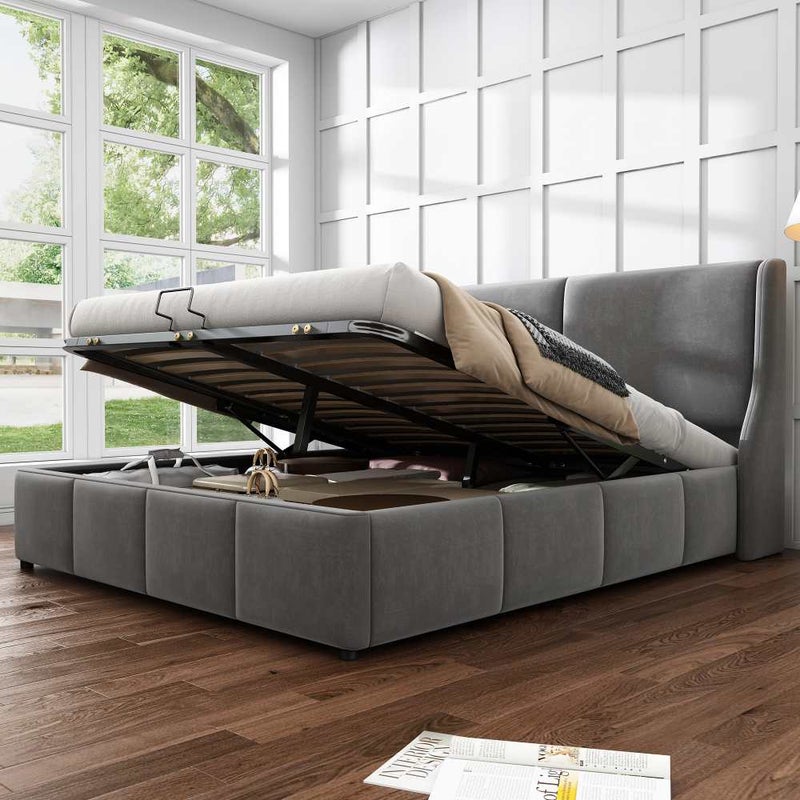 Tapicerowane łóżko dwuosobowe (140x190 cm) z hydraulicznym schowkiem, zagłówkiem w kształcie skrzydła, nowoczesna szara flanela