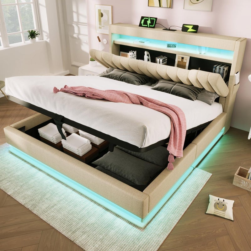 Łóżko tapicerowane 180x200cm z oświetleniem LED, zagłówkiem z wejściem USB/Typ-C i wygodną, wbudowaną przestrzenią do przechowywania