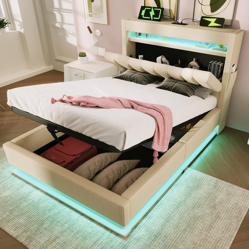 Łóżko tapicerowane 90x200cm z zagłówkiem LED, USB/Type-C, hydraulicznym schowkiem i dynamicznym oświetleniem