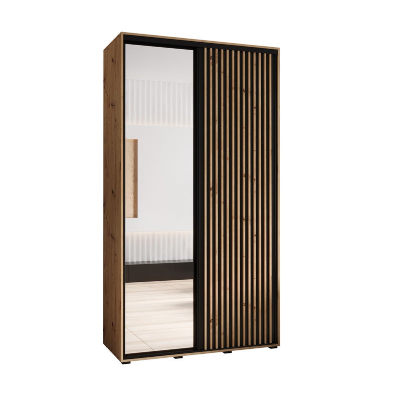 Szafa przesuwna z lustrem wysoka Lanko 2 130 x 60 x 235,2 cm artisan + czarny + lamele artisan - Abiks Meble