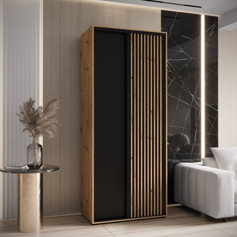 Szafa przesuwna wysoka Lanko 1 100 x 60 x 235,2 cm artisan + czarny + lamele artisan - Abiks Meble
