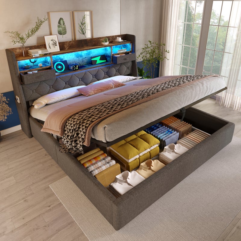 Łóżko tapicerowane 140x200 cm, z hydraulicznym schowkiem i zagłówkiem LED, szare, tkanina lniana, bez materaca