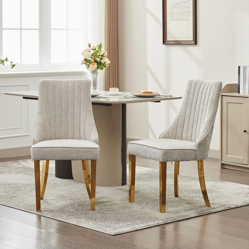 Krzesła do jadalni, zestaw dwóch sztuk, tapicerowane tkaniną z miękkim wypełnieniem, gięte nogi z litego drewna, len, jasnobeżowe