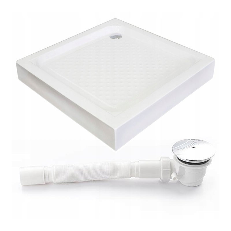 80 CM WZMACNIANY BRODZIK DO KABINY KWADRATOWY PŁYTKI NISKI NAROŻNY BIAŁY 80X80 CM + SYFON