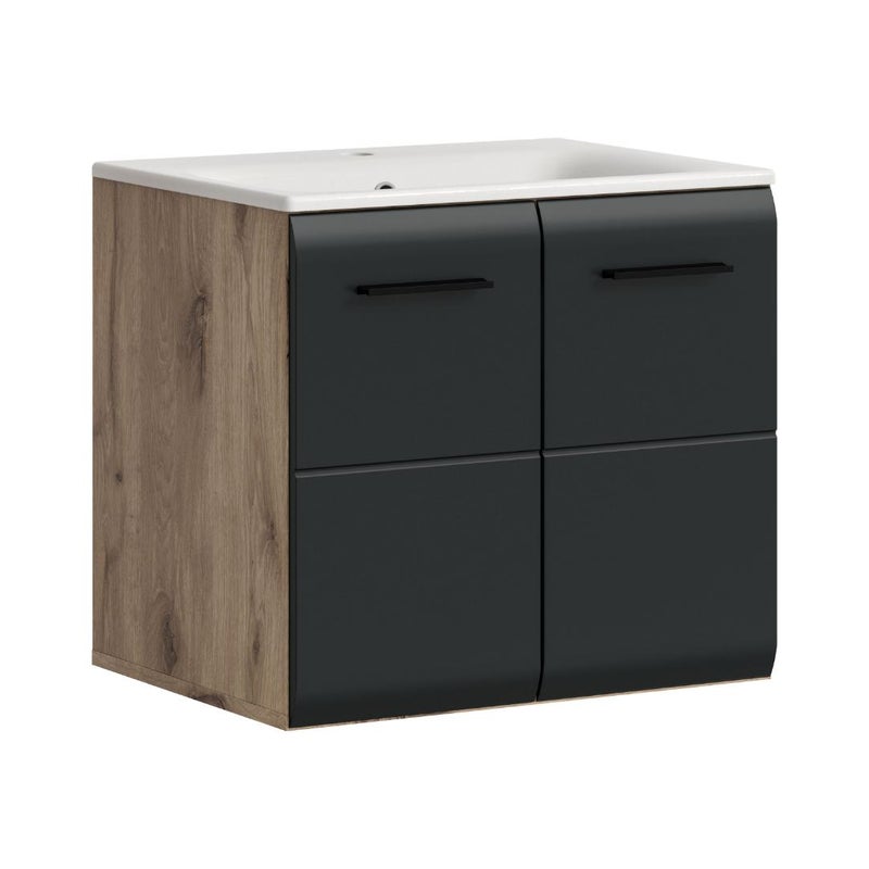 Ice szafka pod umywalkę w zestawie z umywalką 2 drzwi czarny mat, dąb dekor.