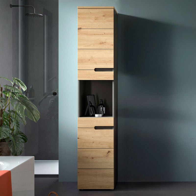 Canu wysoka szafka łazienkowa 2 drzwi, 1 półka dąb dekor, szary.