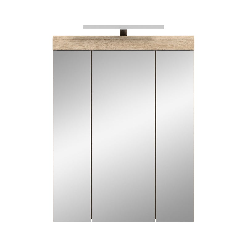 Lambada szafka łazienkowa z lustrem w zestawie oświetlenie 2 drzwi, 3 drzwi z lustrem, 3 półki biały połysk, dąb dekor.