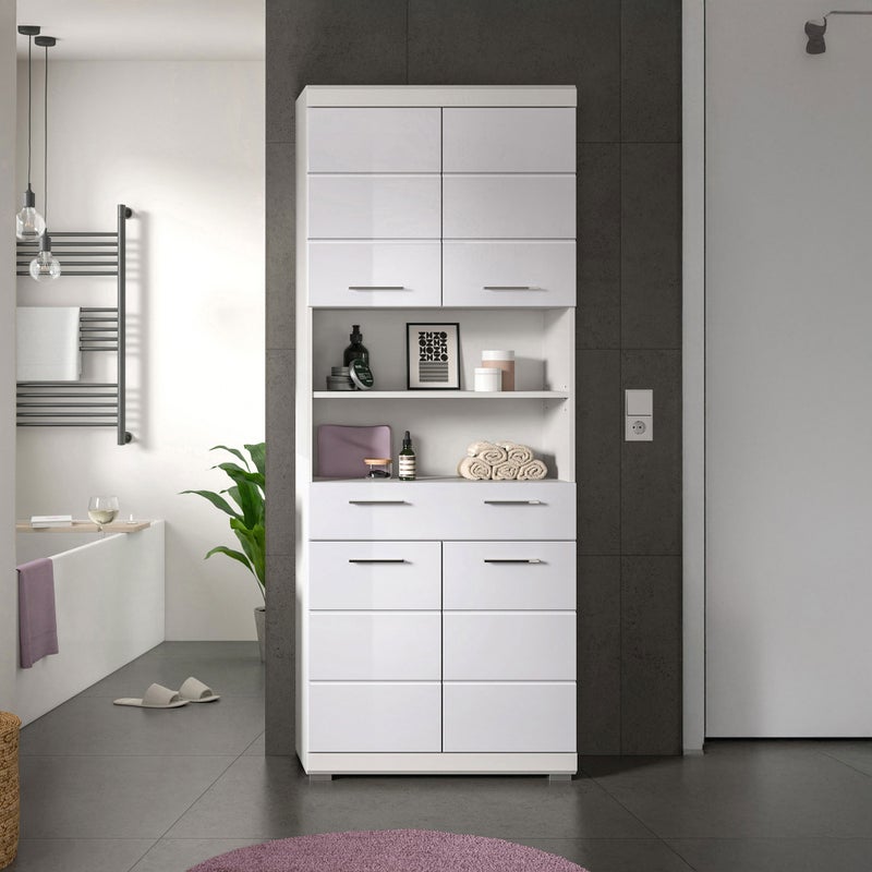 Scout wysoka szafka łazienkowa 4 drzwi, 1 szuflada, 2 półki biały połysk, biały.