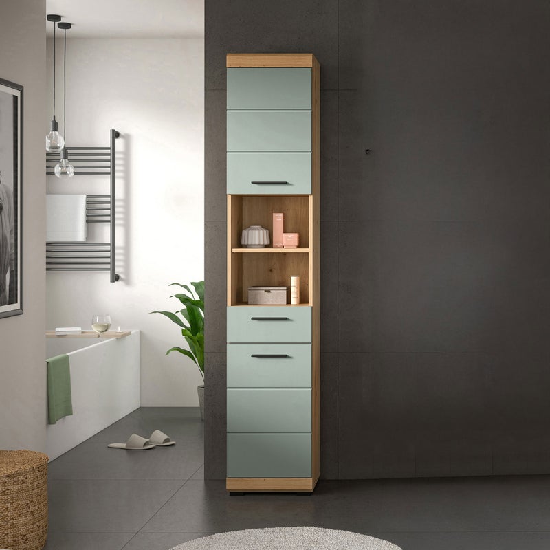 Scout wysoka szafka łazienkowa 2 drzwi, 1 szuflada, 2 półki szałwia dekor, dąb dekor.