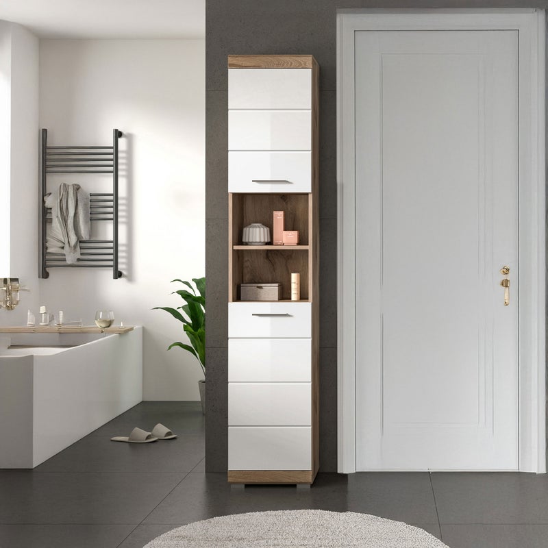 Wave wysoka szafka łazienkowa 2 drzwi, 2 półki biały połysk, dąb dekor.