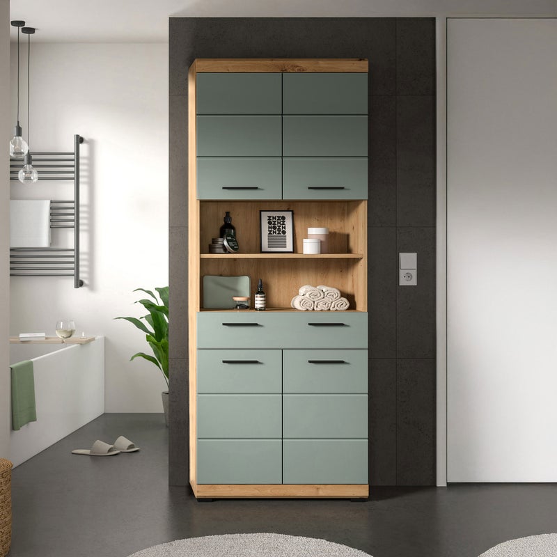 Scout wysoka szafka łazienkowa 4 drzwi, 1 szuflada, 2 półki szałwia dekor, dąb dekor.