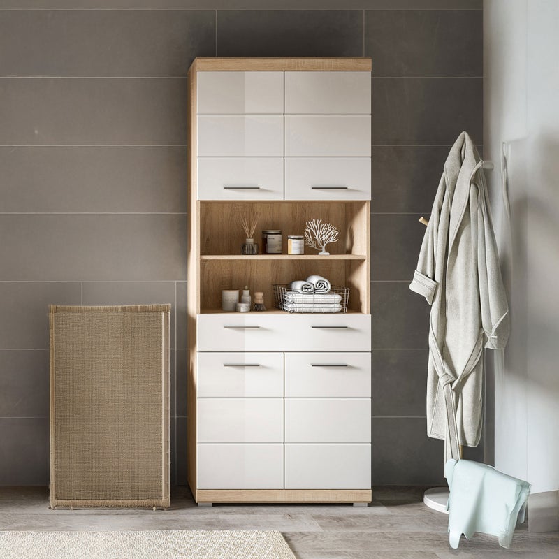 Lambada wysoka szafka łazienkowa 4 drzwi, 1 szuflada, 2 półki biały połysk, dąb dekor.