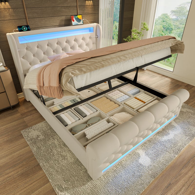 Łóżko tapicerowane dwuosobowe 160x200cm, zagłówek ze schowkiem, łóżko hydrauliczne ze schowkiem, beżowe, aksamitne (bez materaca)