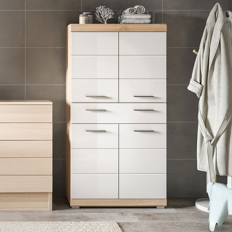 Lambada wysoka szafka łazienkowa 4 drzwi, 1 szuflada biały połysk, dąb dekor.