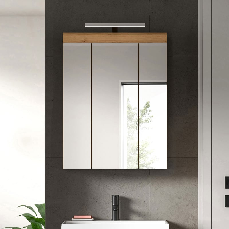 Scout szafka łazienkowa z lustrem 2 drzwi, 3 drzwi z lustrem, 3 półki szałwia dekor, dąb dekor.