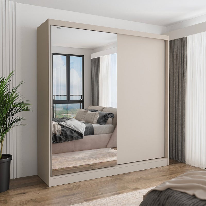 Szafa z 2 drzwiami przesuwnymi – z lustrem – 200 cm – beżowa – OCHIRA