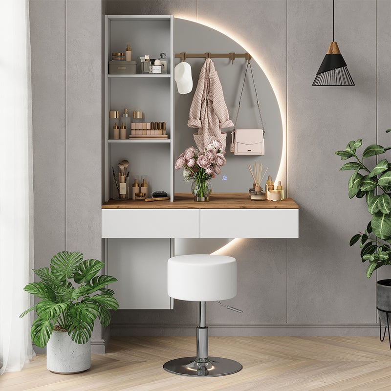 Vicco Stół do toalety Melora, Biały/dąb, 100 cm z lustrem LED i stołkiem