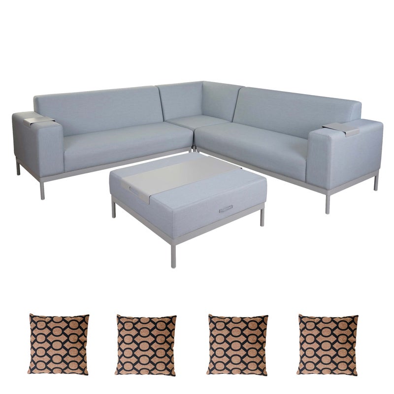 Zestaw ogrodowy z aluminium HWC-C47, sofa, tkanina/materiał outdoorowy ~ niebieski z półką, poduszki brązowe