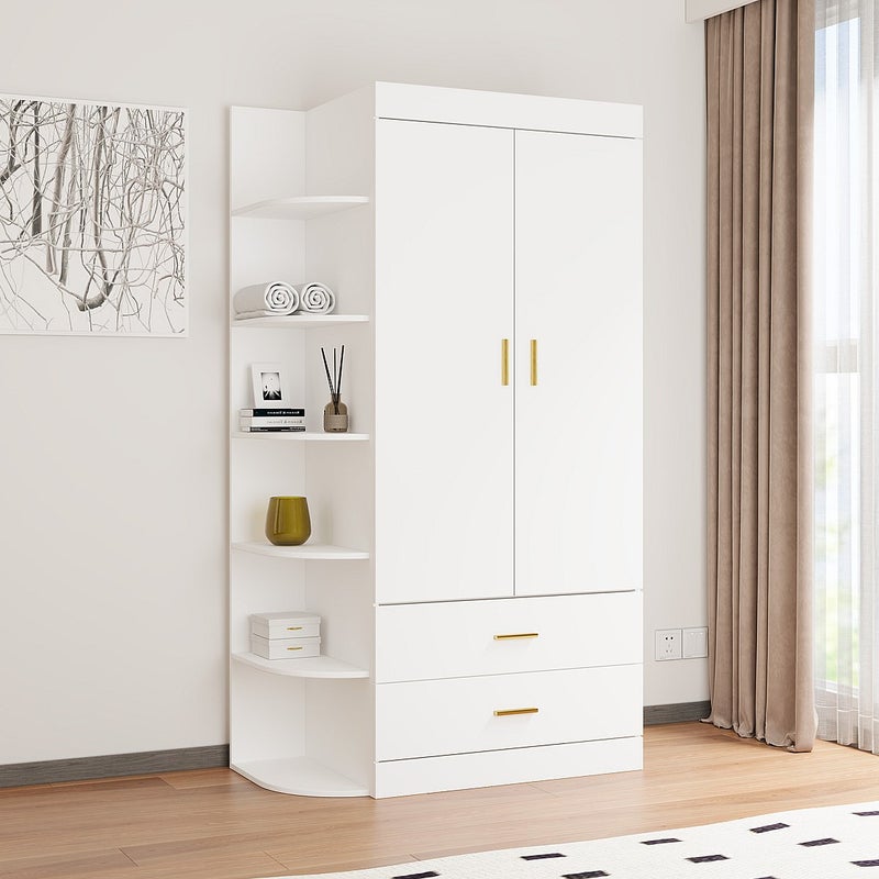 Szafa 2-drzwiowa z 2 szufladami i 6 półkami - szer. 100 cm - Biała i złota - GRIMORI