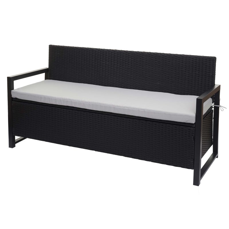 Polirattanowa ławka 3-osobowa HWC-F39, ławka ogrodowa ławka skrzyniowa, schowek poduszki siedziska ~ antracyt, szare poduszki