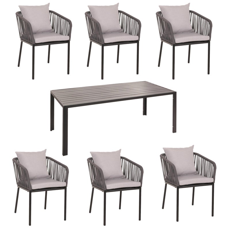 Zestaw ogrodowy HWC-N41, stół + 6 krzeseł, odporne na warunki atmosferyczne aluminium 180x80cm, lina wiklinowa Rope ~ antracyt poduszki szare