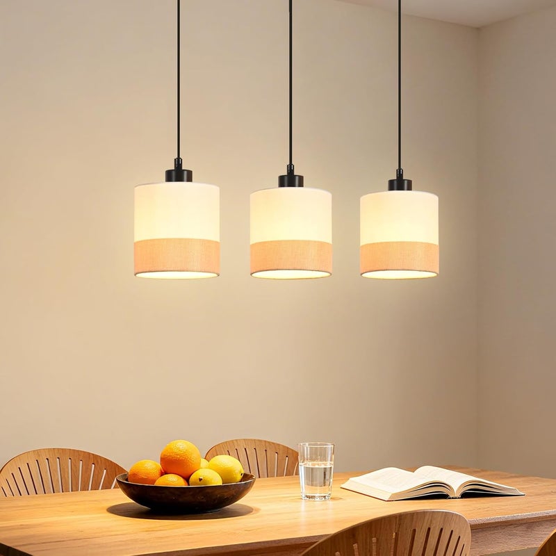 Lampa wisząca Nettlife Vintage do jadalni – 3-punktowa lampa wisząca z tkaniny, regulowana wysokość, retro E27, biała (żarówki nie są dołączone)