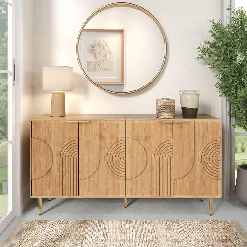 Komoda niska z 4 drzwiami - 140 x 40 x 72 cm - MDF i złote metalowe nogi - do salonu - Naturalna